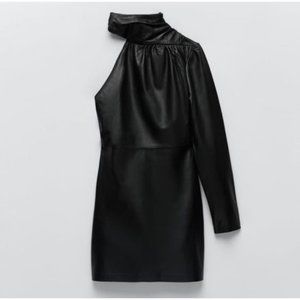 NWT Zara Asymmetric Genuine Real Leather One Sleeve Mini Dress size S
